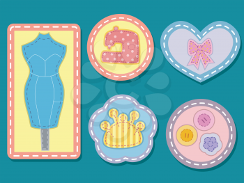 Colorful Illustration Featuring Sewing Badges with Visible Stitches
