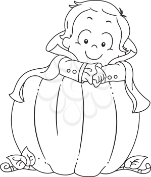Black and White Coloring Page Illustration Featuring a Boy Dressed as a Vampire