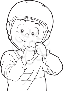 Black and White Coloring Page Illustration Featuring a Boy Putting a Helmet On