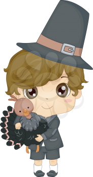 Illustration of a Boy Dressed as a Pilgrim for Thanksgiving