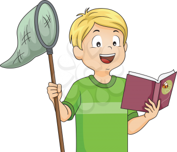 Illustration of a Boy Holding a Butterfly Net While Reading a Book