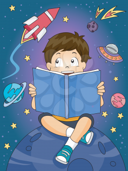 Illustration of a Boy Reading an Astronomy Book