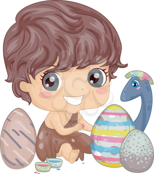 Illustration of a Little Caveman Painting Easter Eggs