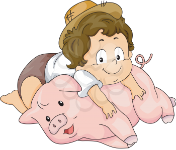 Illustration of a Baby Boy Lying on Top of a Pig