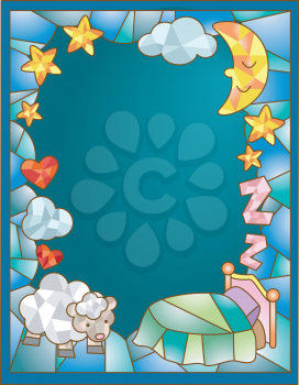 Stained Glass Illustration Featuring a Sheep Standing Beside a Bed
