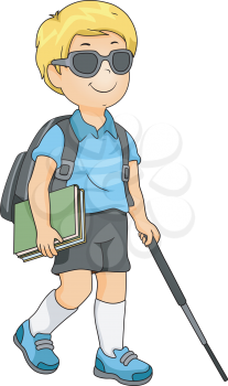 Illustration of a Blind School Boy Using a Cane