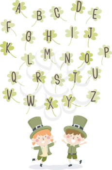 Illustration of Kids Wearing St Patricks Day Costume and Clovers with Alphabet