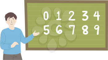 Illustration of a Man Teacher Presenting the Numbers from Zero to Nine on the Blackboard