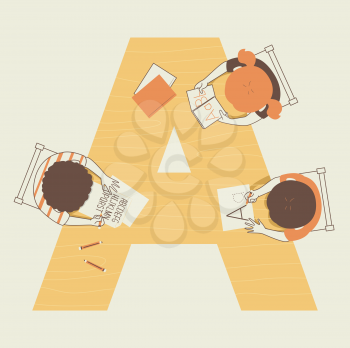Illustration of Kids Learning About the Alphabet At School with Letter A