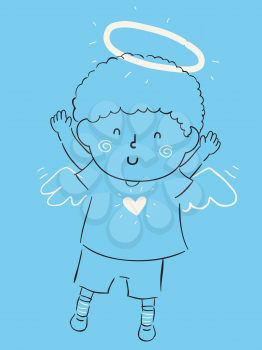 Illustration of a Kid Boy Doodle with Wings, a Heart and Halo as an Angel
