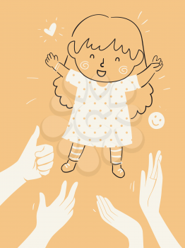 Illustration of a Kid Girl Doodle with Hands Clapping and Giving Okay Sign. Child Raising, Praise and Validation