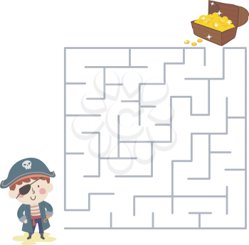 Illustration of a Kid Boy Wearing Pirate Costume and a Maze Towards a Treasure Chest