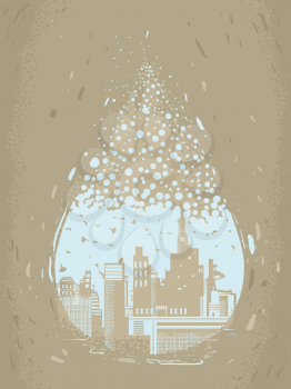 Abstract Illustration of a Dwindling Water Drop and City Buildings Inside It. Water Crisis
