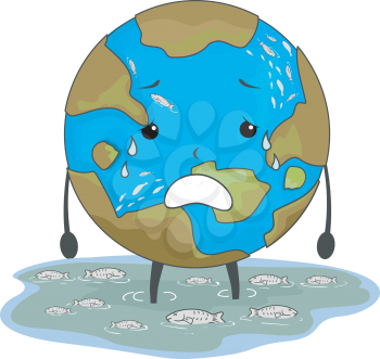 Illustration of a Sad Earth Mascot Standing Among Floating Dead Fish in the Ocean