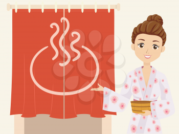 Illustration of a Teenage Girl Wearing Yukata and Pointing Inside Onsen Bath
