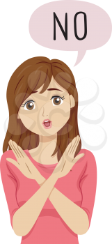 Illustration of a Teenage Girl with Hands Cross and Saying No with Speech Bubble with No
