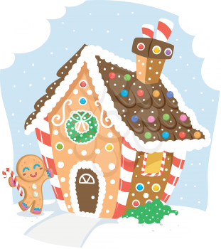 Illustration of a Gingerbread Man Cookie Standing Beside a Gingerbread House