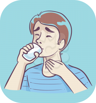 Illustration of a Man Having Difficulty Drinking a Glass of Water and Holding His Throat