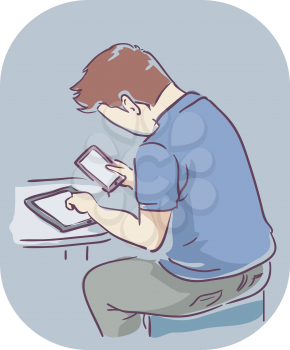Illustration of a Man Always Looking Down on His Mobile Devices. Mobile Addiction