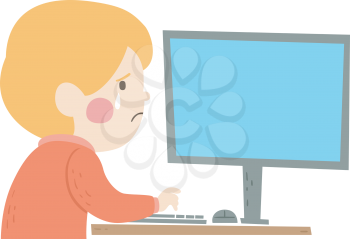 Illustration of a Crying and Distressed Kid Boy Using the Computer to Find Help Line