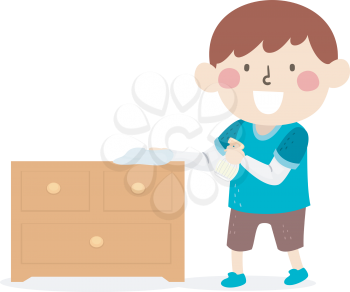 Illustration of a Kid Boy Using Cloth and Cleaner in a Bottle Spray to Wipe Cabinet. Household Chore