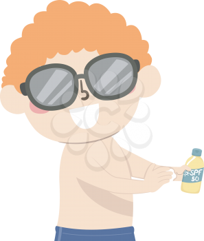 Illustration of a Kid Boy Wearing Sunglasses and Applying Sunscreen on His Arm