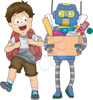 Illustration of a Kid Boy Carrying Backpack and Walking to School with a Robot Assistant Carrying a Box of Things