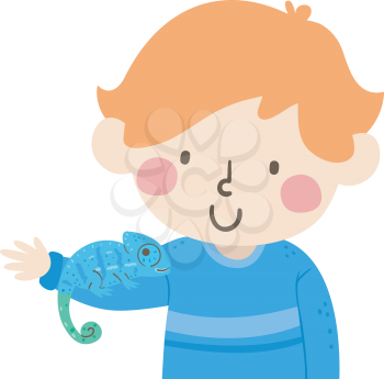 Illustration of a Kid Boy Looking at His Pet Chameleon On His Arm Blending with the Color of His Clothes