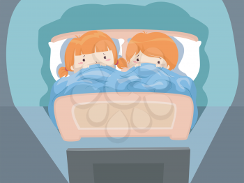 Illustration of Kids Lying Down in Bed Covered in Sheets and Watching a Suspense or Thriller Movie on Television