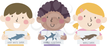 Illustration of Kids Holding Different Kinds of Sharks on Paper from Great  White Shark to Hammerhead to Whale Shark