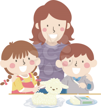 Illustration of Kids and Mother Making Carved Butter Lamb for Easter