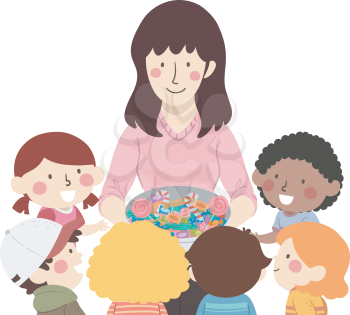 Illustration of Kids Receiving Chocolate Candies and Treats from their Teacher