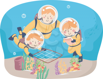 Illustration of Kids Scuba Diving with Teacher and Exploring Using Quadrat Method