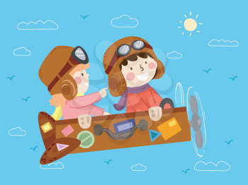 Illustration of Kids Riding a Retro Suitcase Fantasy Airplane Flying Against Doodle Clouds