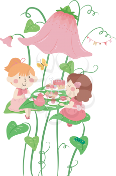 Illustration of Kids Having a Fantasy Tea Party on Big Leaves with Pink Flowers