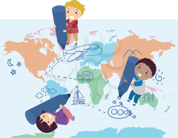 Illustration of Stickman Kids Writing Doodle Routes on World Map