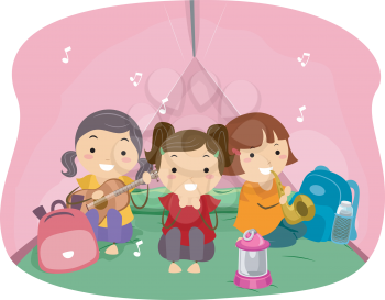 Illustration of Stickman Kids Girls Inside a Music Camp Tent, Playing with Guitar and Saxophone