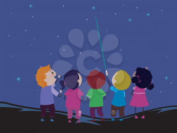 Illustration of Stickman Kids Using Laser Pointer for Astronomy Outdoors