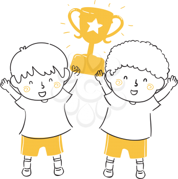Illustration of Kids Boys Holding Up a Golden Trophy, Sharing Success