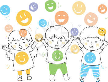 Illustration of Kids with Hands Up and Falling Smiley Faces. Happiness Shower