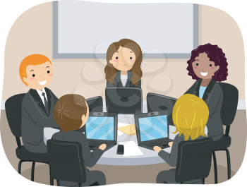 Illustration of a Group of Man and Woman in Office Meeting and Using Laptop