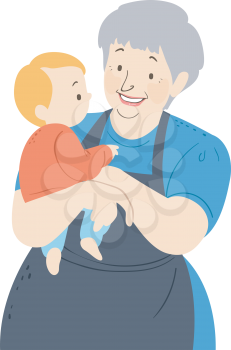 Illustration of a Senior Woman Nanny Carrying a Young Baby Kid Boy