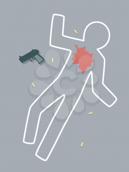 Illustration of a Chalk Line On the Floor with Gun and Bullets and Blood as Crime Scene