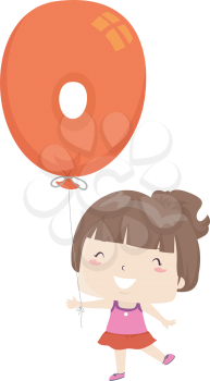 Illustration of a Kid Girl Holding a Balloon Shaped as Zero