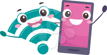 Illustration of a Wifi Signal and Mobile Phone Mascots Smiling Together