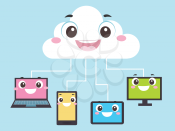 Illustration of a Laptop, Mobile Phone, Tablet and Television Mascot Connected to a Cloud Mascot. Cloud Computing