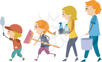 Illustration of Stickman Family Holding Cleaning Tools from Duster, Brush, Cleaners and Pail
