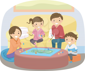 Illustration of Stickman Family Playing Board Game in their Living Room at Home