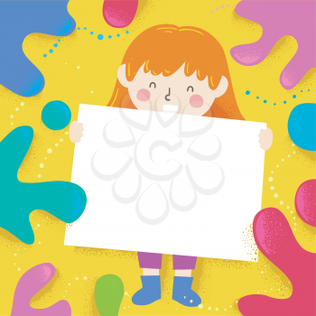 Illustration of a Kid Girl Holding a Blank White Board with Colorful Splats Around
