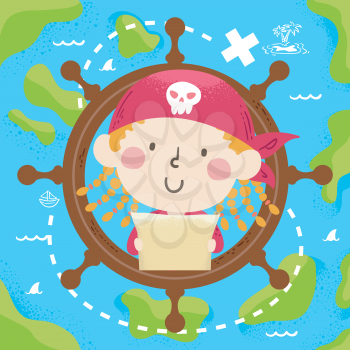 Illustration of a Kid Girl Wearing Pirate Head Scarf, Showing a Blank Map with Steering Wheel and Treasure Map Behind